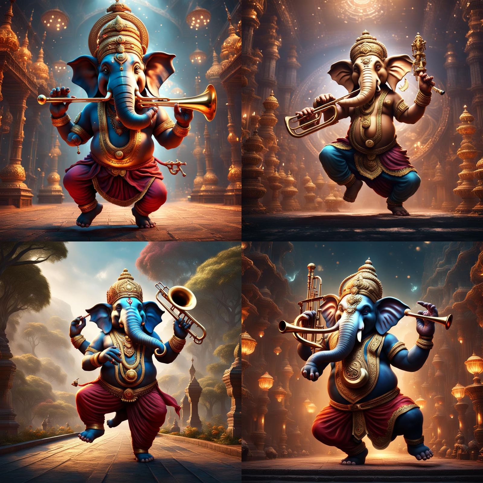 Ganesh Dancing and Playing Trombone: Fantasy Art