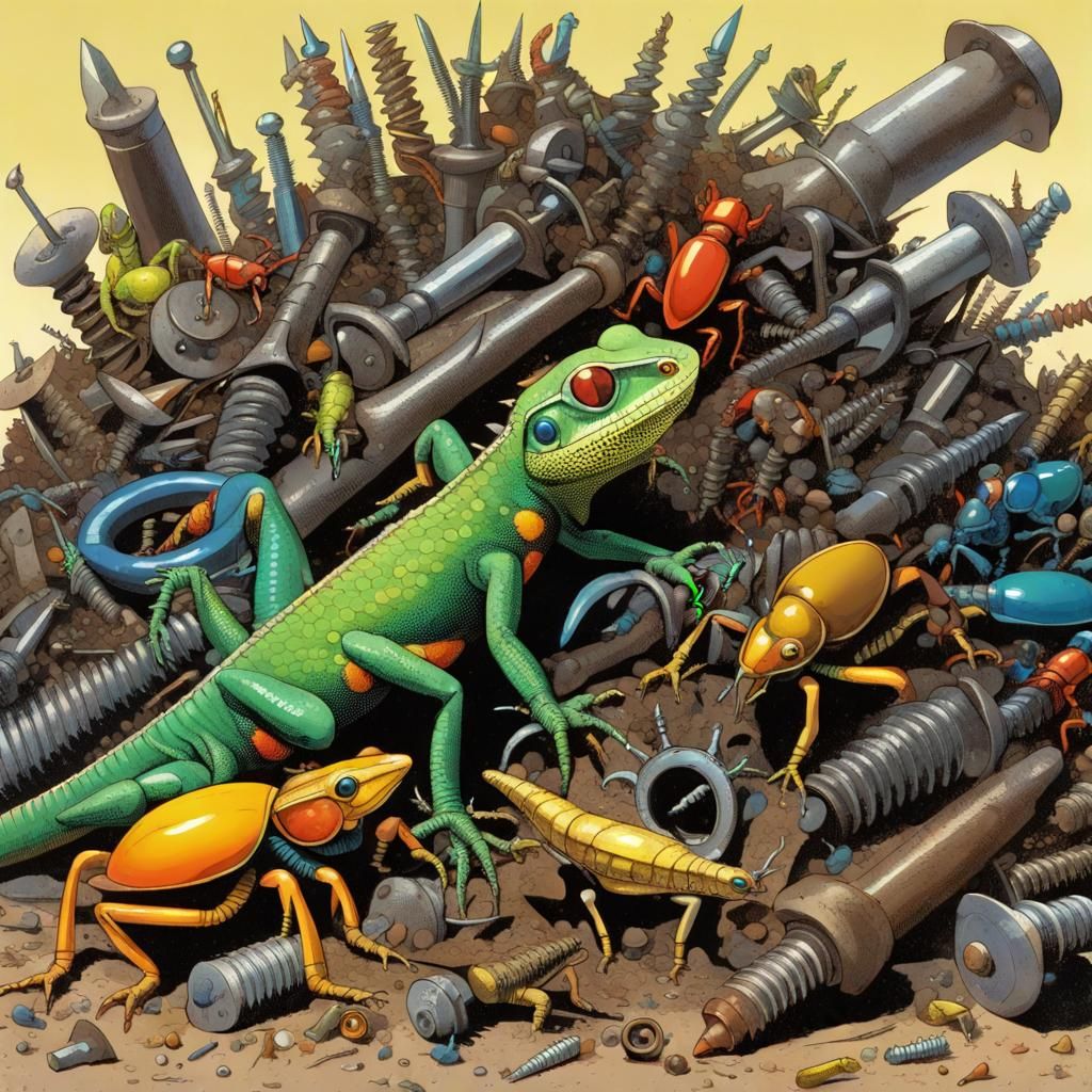 Lizards and and big colorfull beetles crawling between a hug...