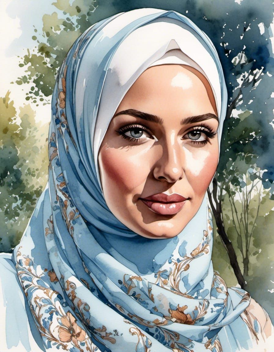 Swedish Hijabi Woman Portrait in Watercolor Style