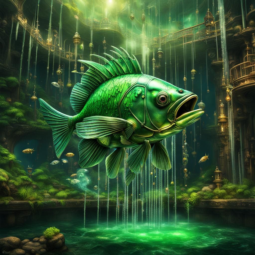 Steampunk Fish Galaxy with Dripping Waterfalls