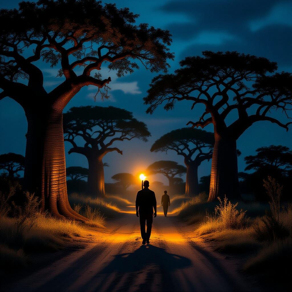 African Man Walks Alone at Night with Torch and Baobabs
