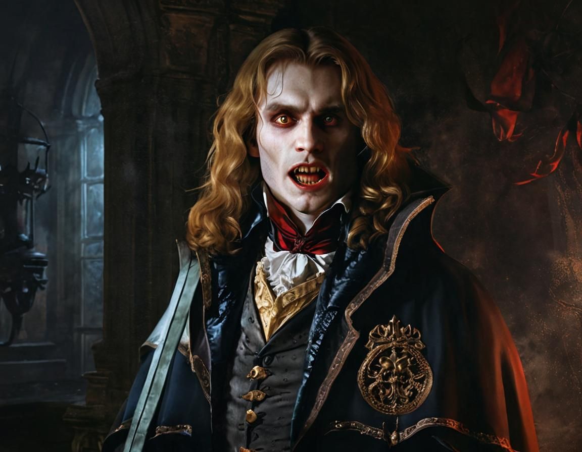 Vampire Lestat, with his prominent teeth and sizable fangs.