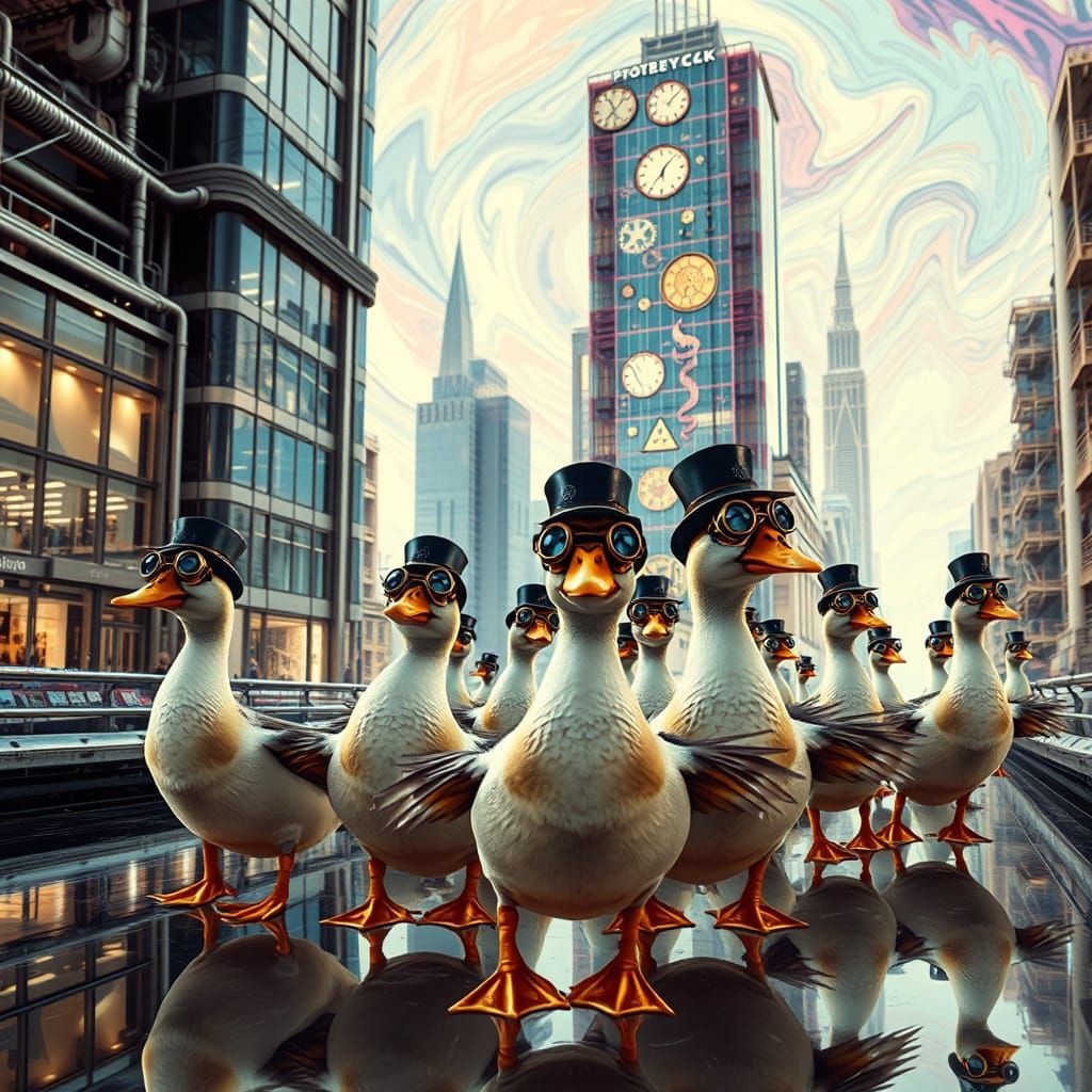 Futuristic Steampunk Ducks Explore Vibrant Dreamscape City