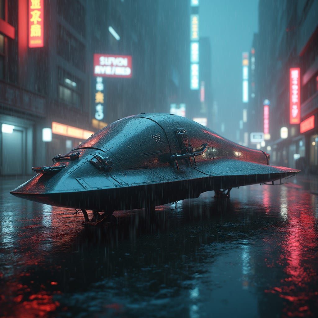 Dystopian Replicant Hunter's Spaceship in Neon-Lit Metropoli...