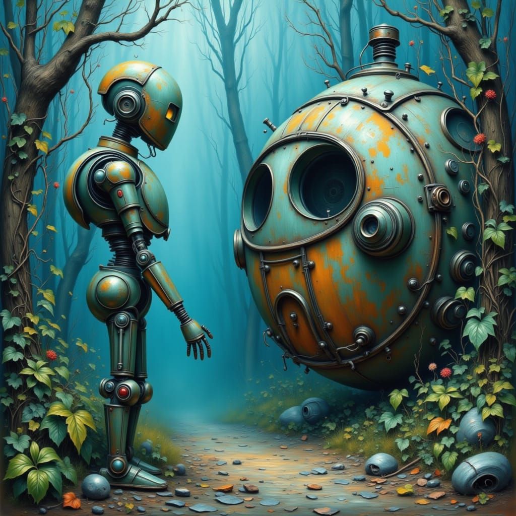 Android Robot Awestruck by Abandoned Space Capsule