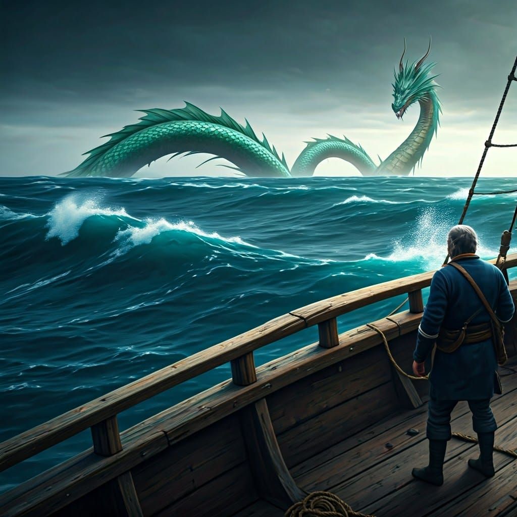 Sailor Confronts Sea Dragon on Worn Vessel