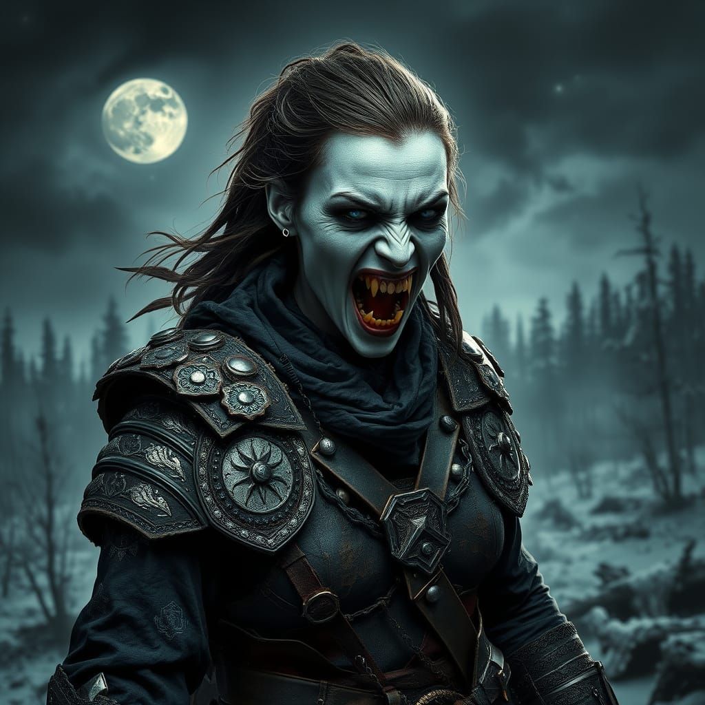 Gothic Warrior Woman with Vampire Fangs in Snowy Forest