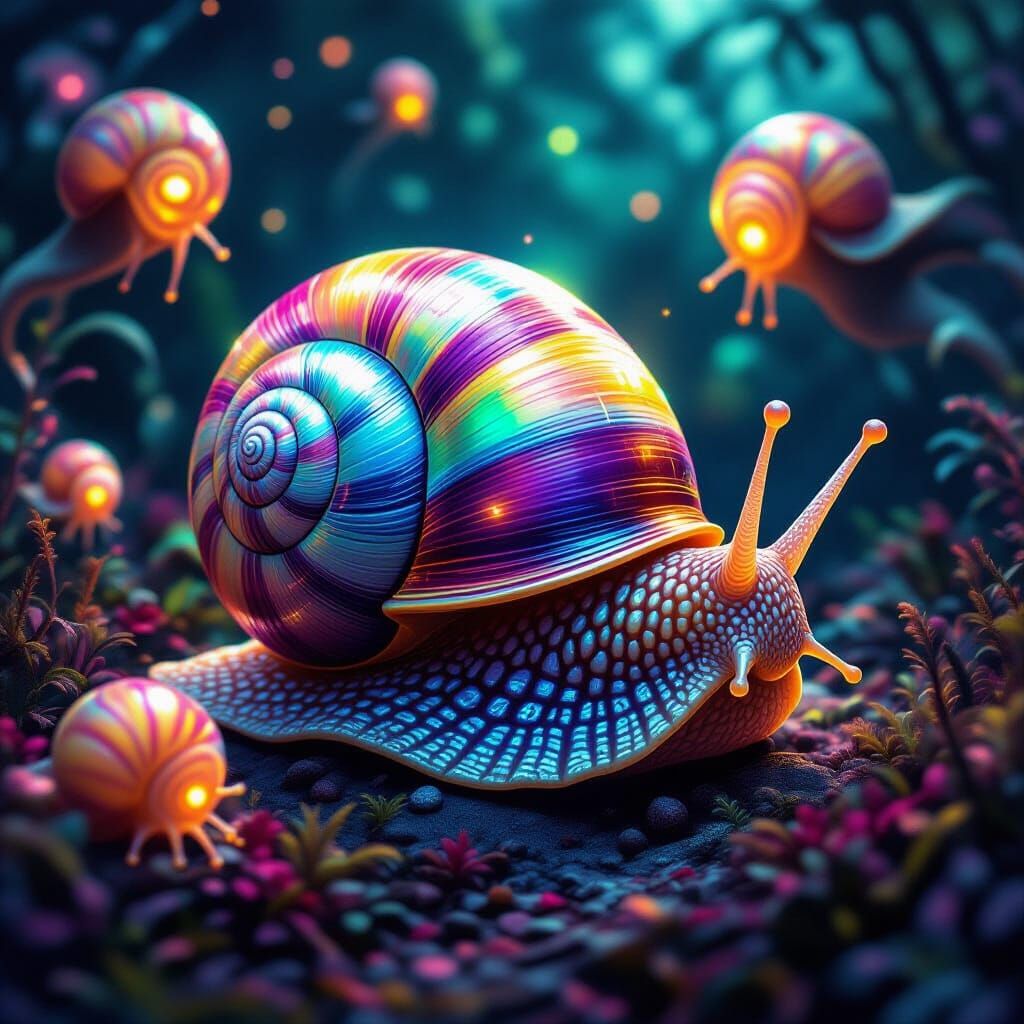 Iridescent Snail Meets Alien Snails in Dreamscape