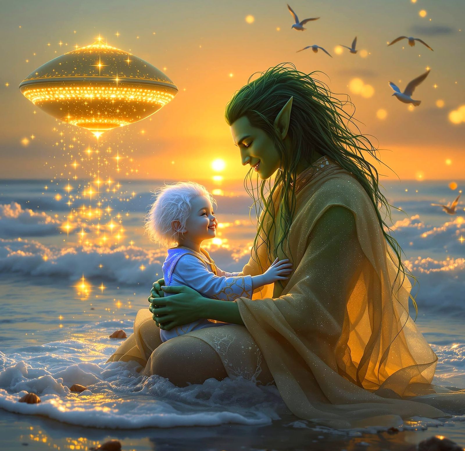 Loving Alien Family Cuddles on Serene Beach at Dawn