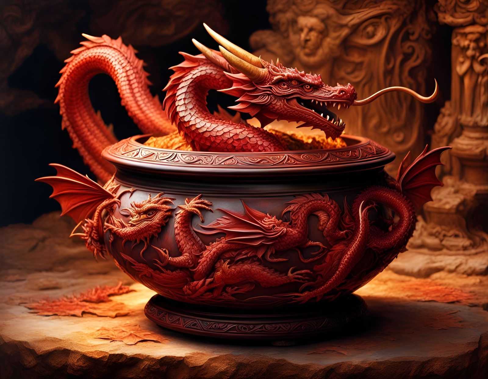 Ornate Clay Pot with Sculpted Red Dragons