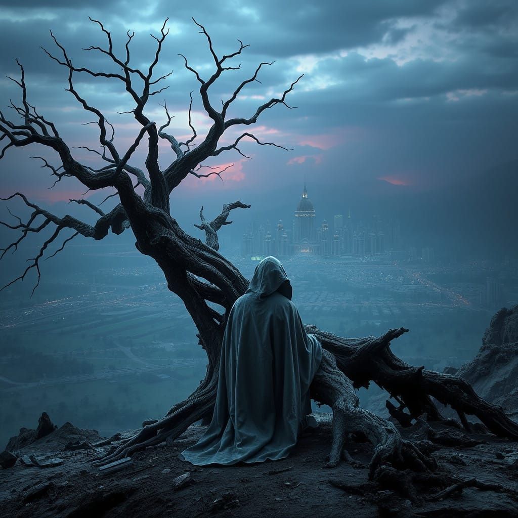 A lone figure in a desolate, ravaged landscape, evoking hope...