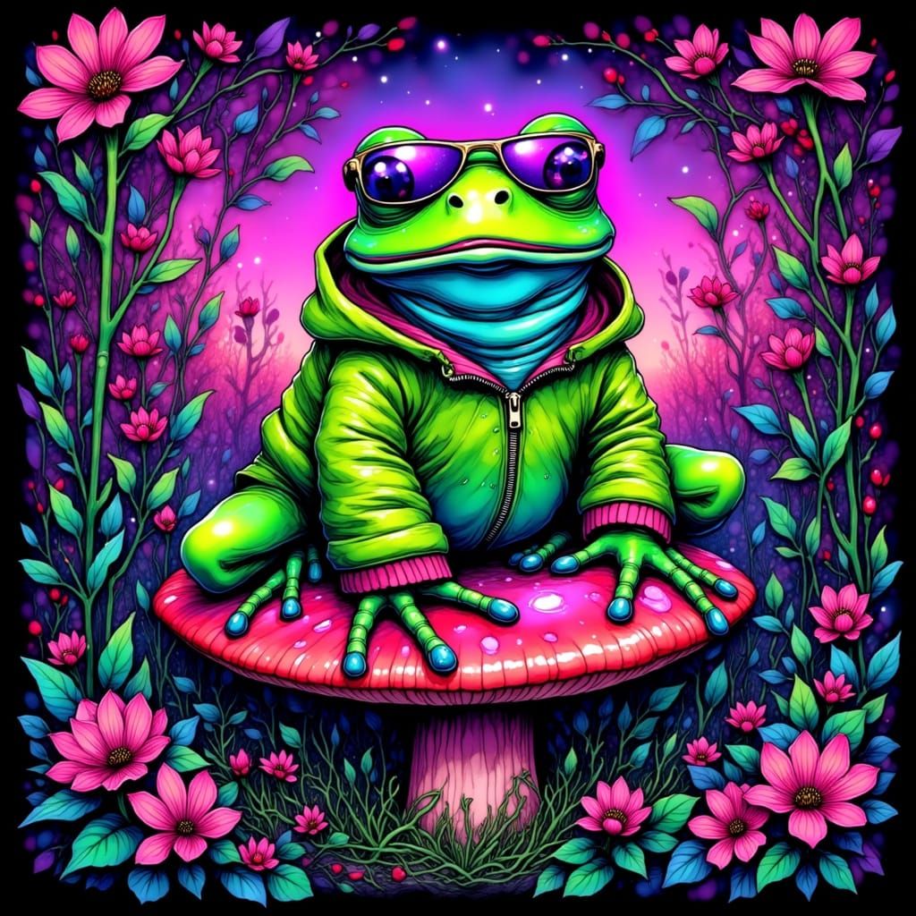 Psychedelic Pepe the Frog in Neon Noir Style