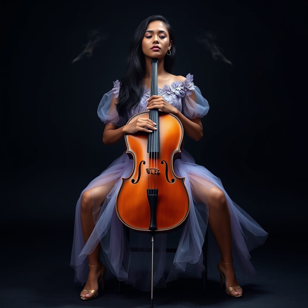 Serene Assam Woman with Cello in Lilac Gown