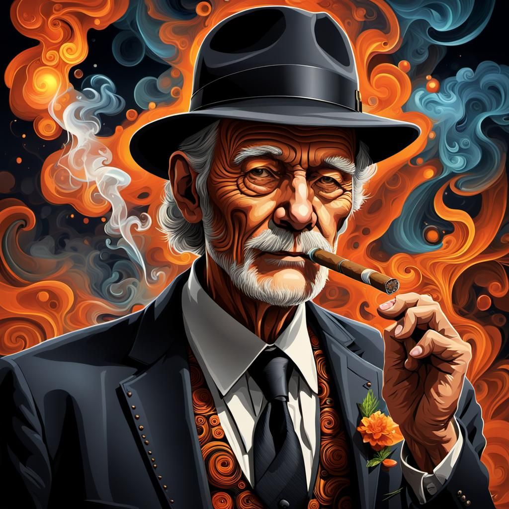 Cool Old Man Smoking Cigar with Orange Sky
