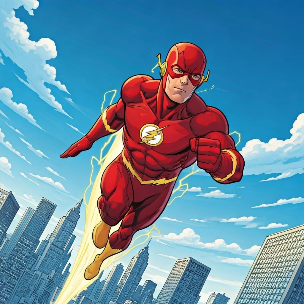 The Flash Soaring Through the Sky in Comic Book Style