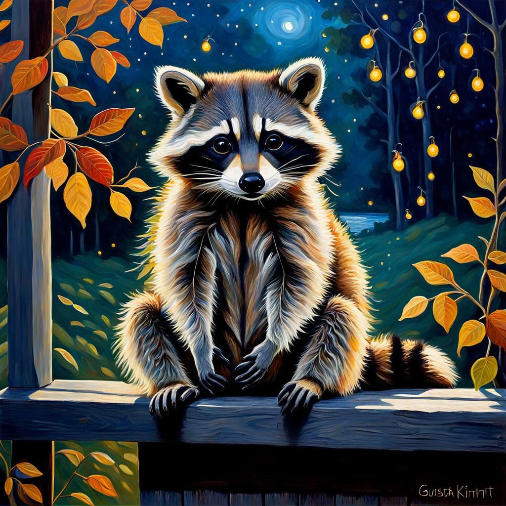 Baby Raccoon on Back Porch: Klimt-Style Oil Painting