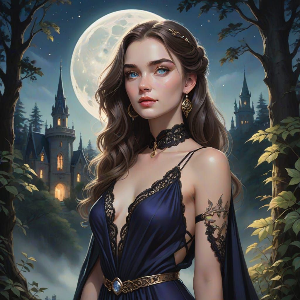 Mystical Nighttime Forest Goddess in Digital Art