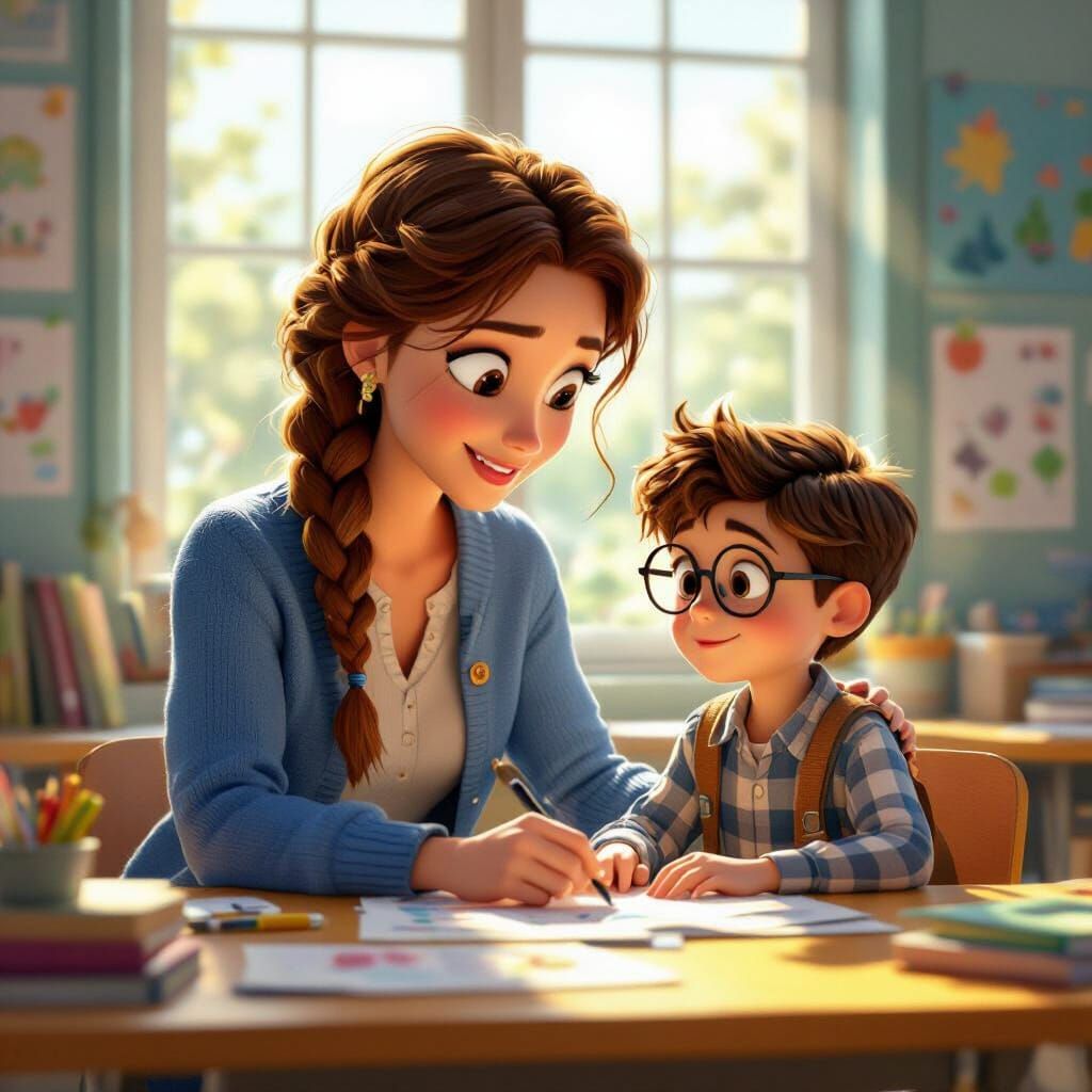 Pixar Style Teacher Helps Boy in Colorful Classroom