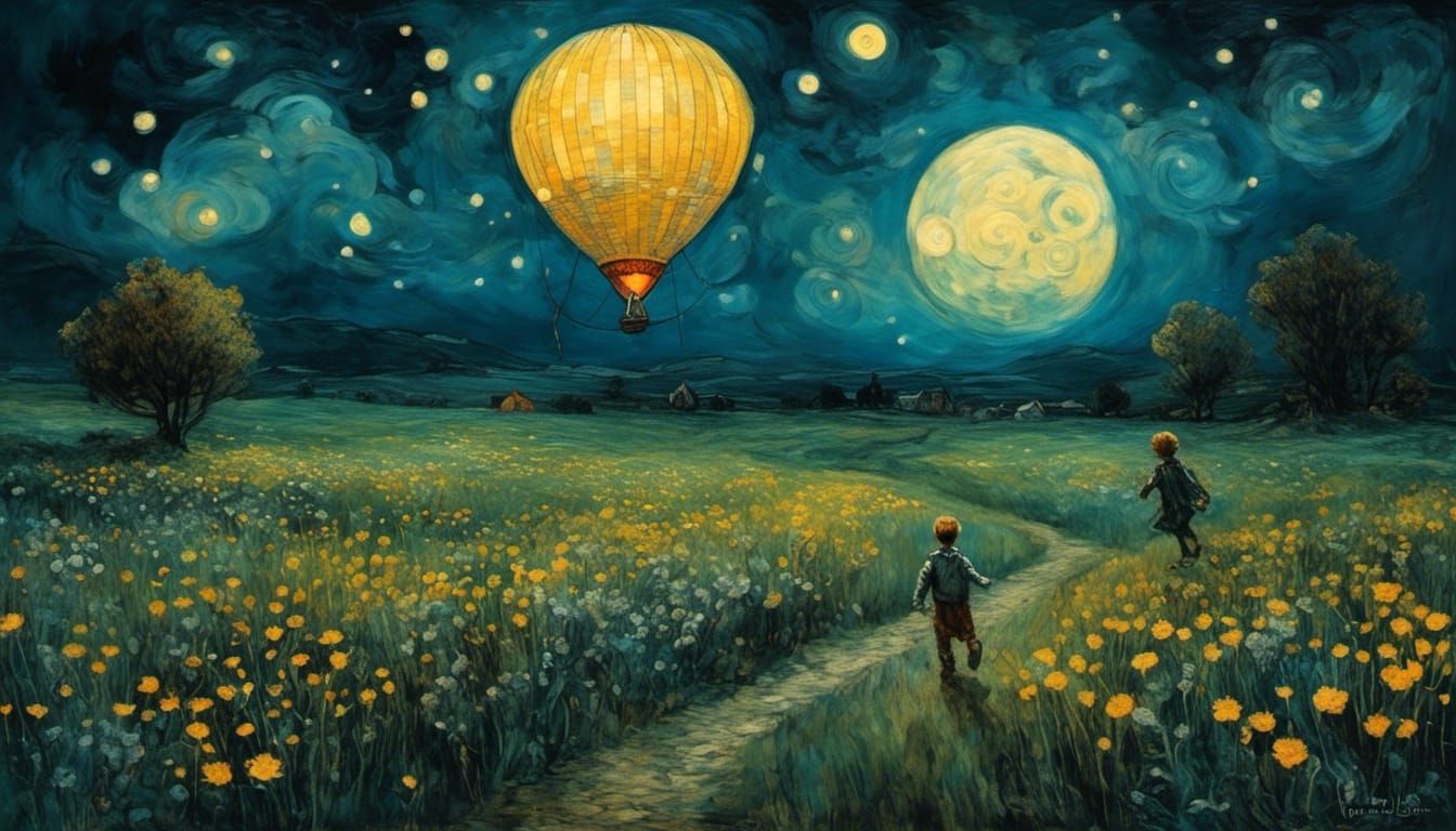 Moonlit Flower Field: Children Chasing Fairies