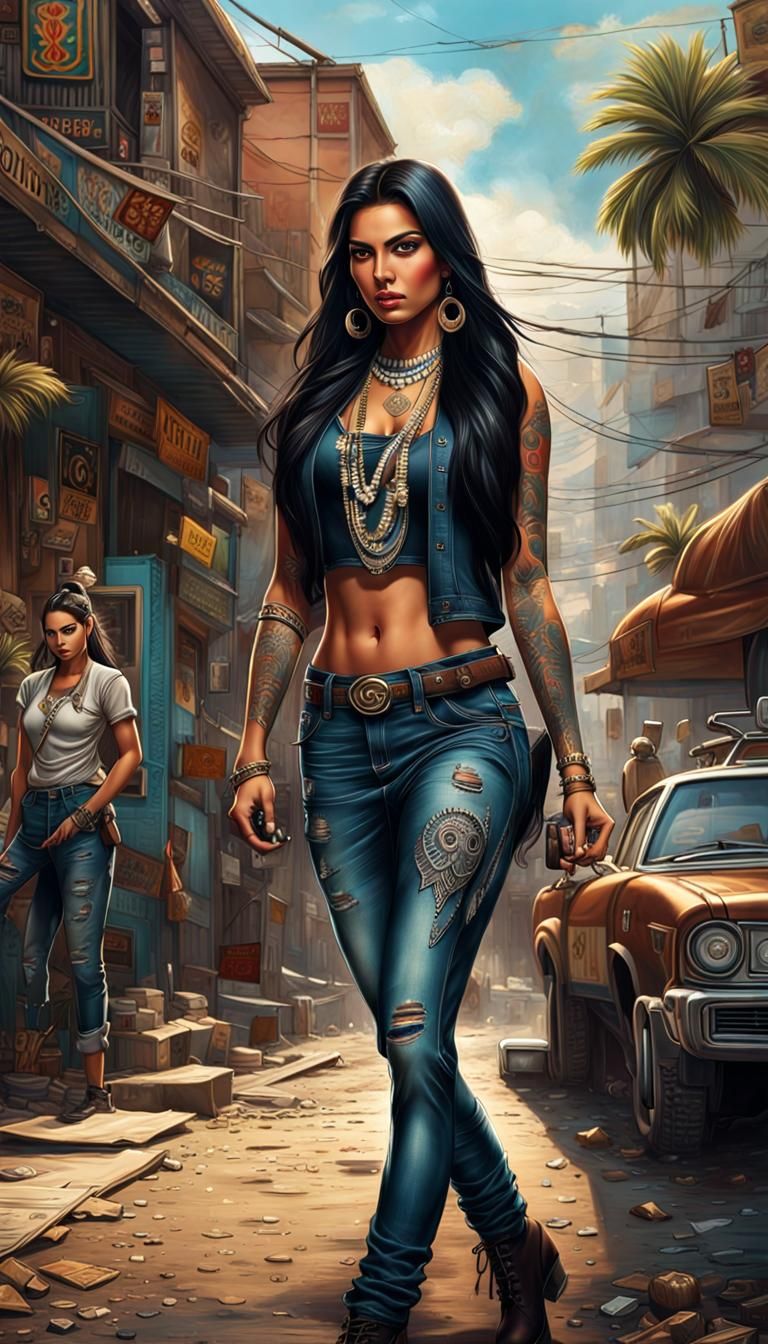 Native American Woman in Medellin Street Scene