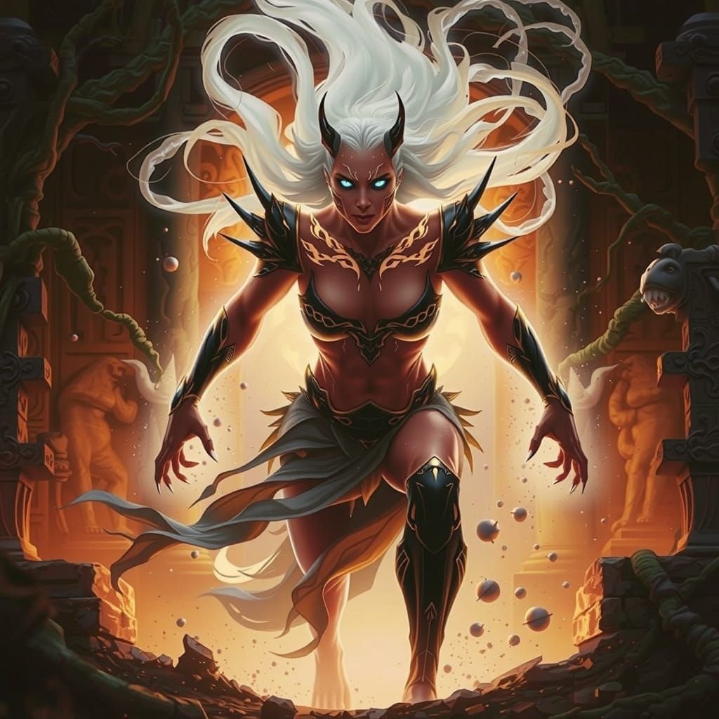 White Wolf Woman Offers Hand in Misty Jungle Temple