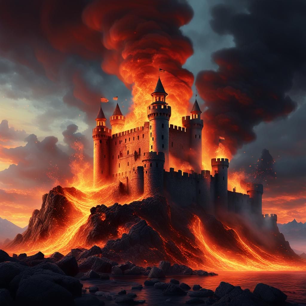 Fiery Castle Ruins: A Digital Matte Painting