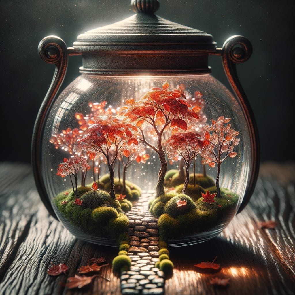 A tiny, miniature enchanted automnal forest grows within a vintage glass lantern, its trees adorned with shimmering, min...