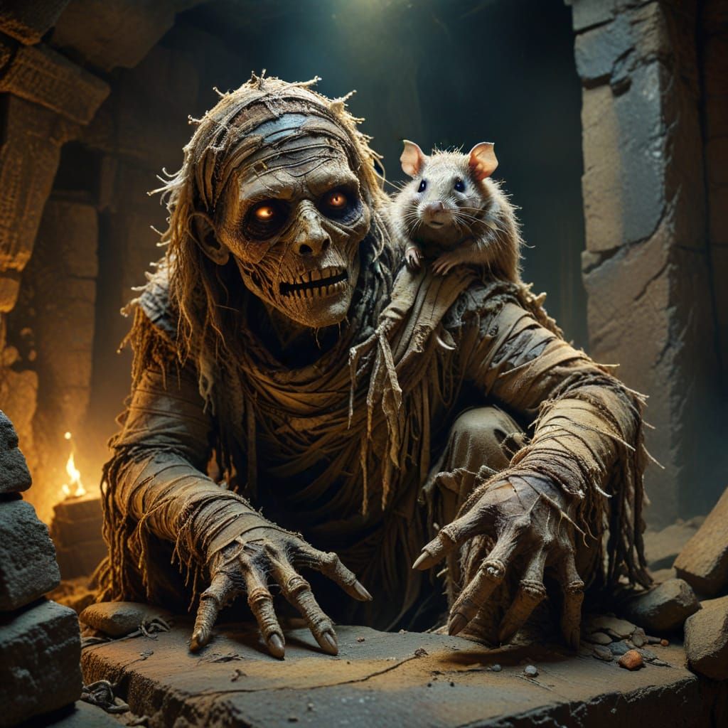 A Creepy Mummy Emerges with a Sinister Rat Companion