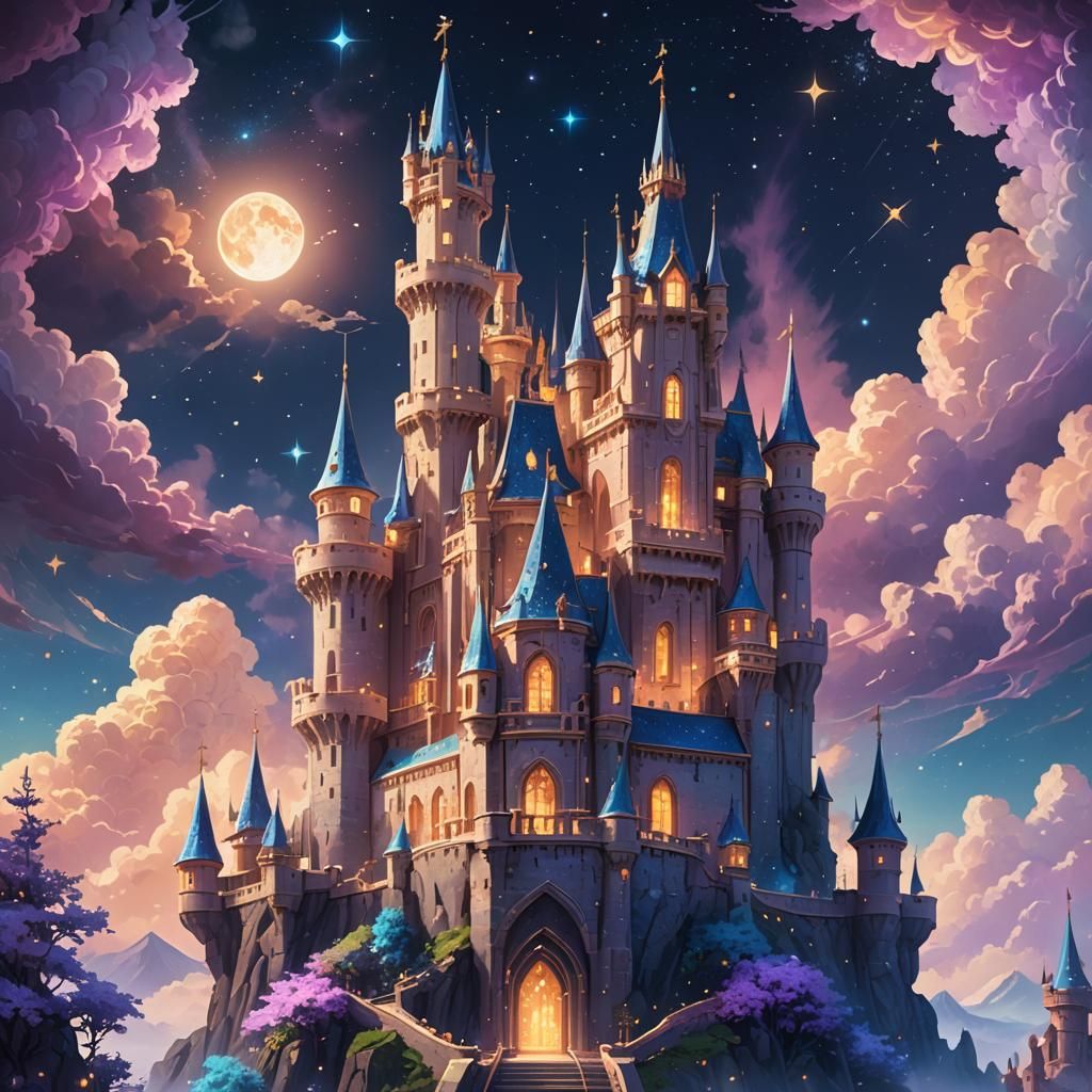 Ethereal Crystalline Castle in Moonlit Sky