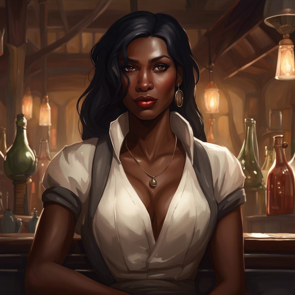 Pretty Dark-Skinned Innkeeper Portrait in Hyperdetailed Styl...