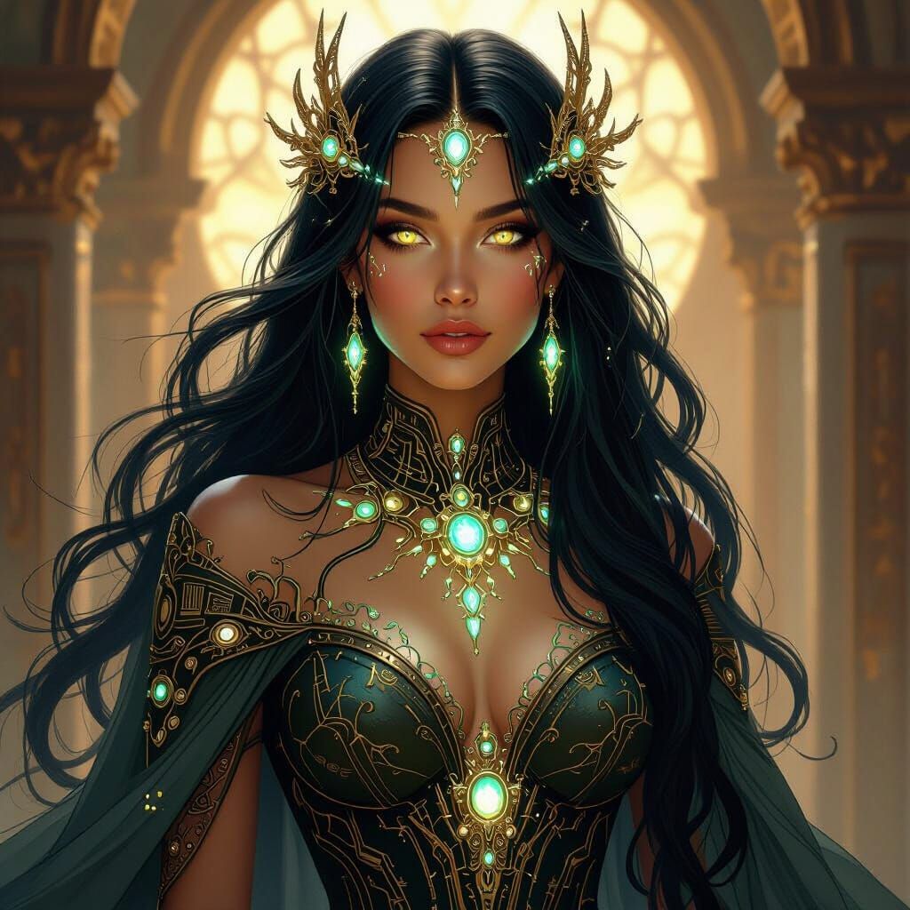 Alien Queen with Bioluminescent Hair in Renaissance Style