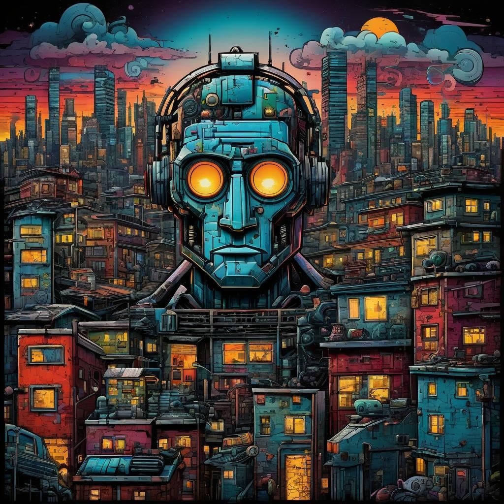 Colorful Cartoon Face in Darkly Detailed Cityscape