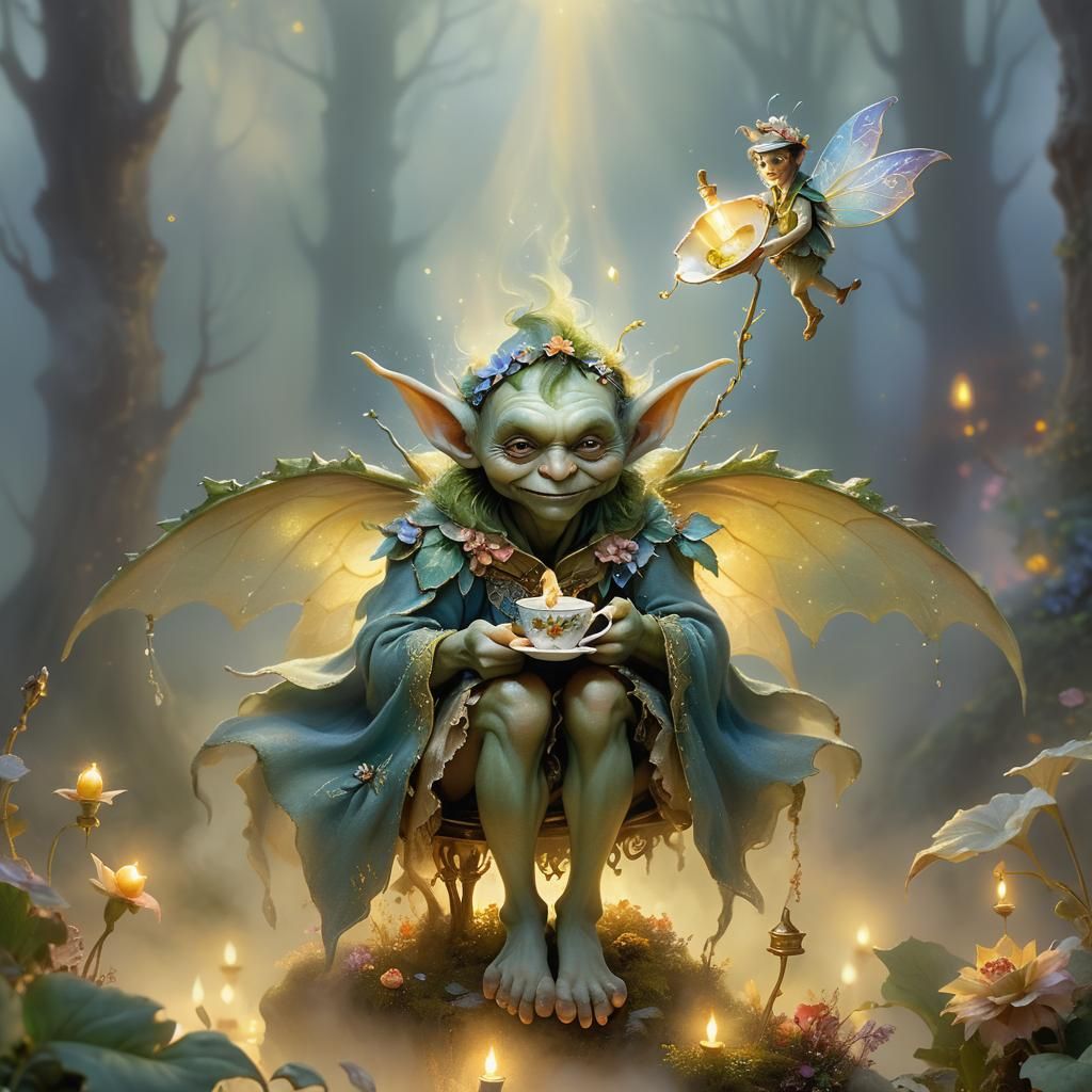 Goblin Fairy's Misty Tea Time: Watercolor Fantasy