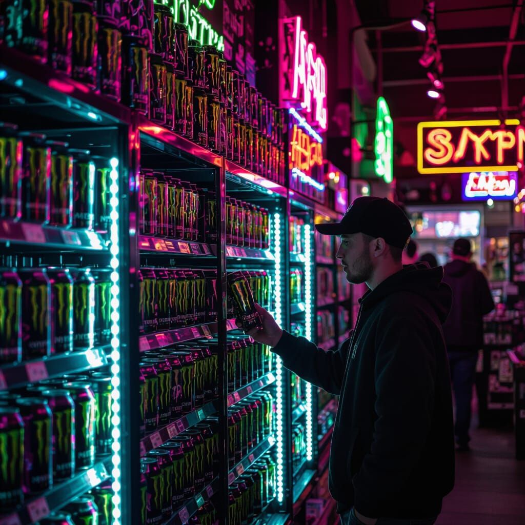Vibrant Night Market with Monster Energy Display