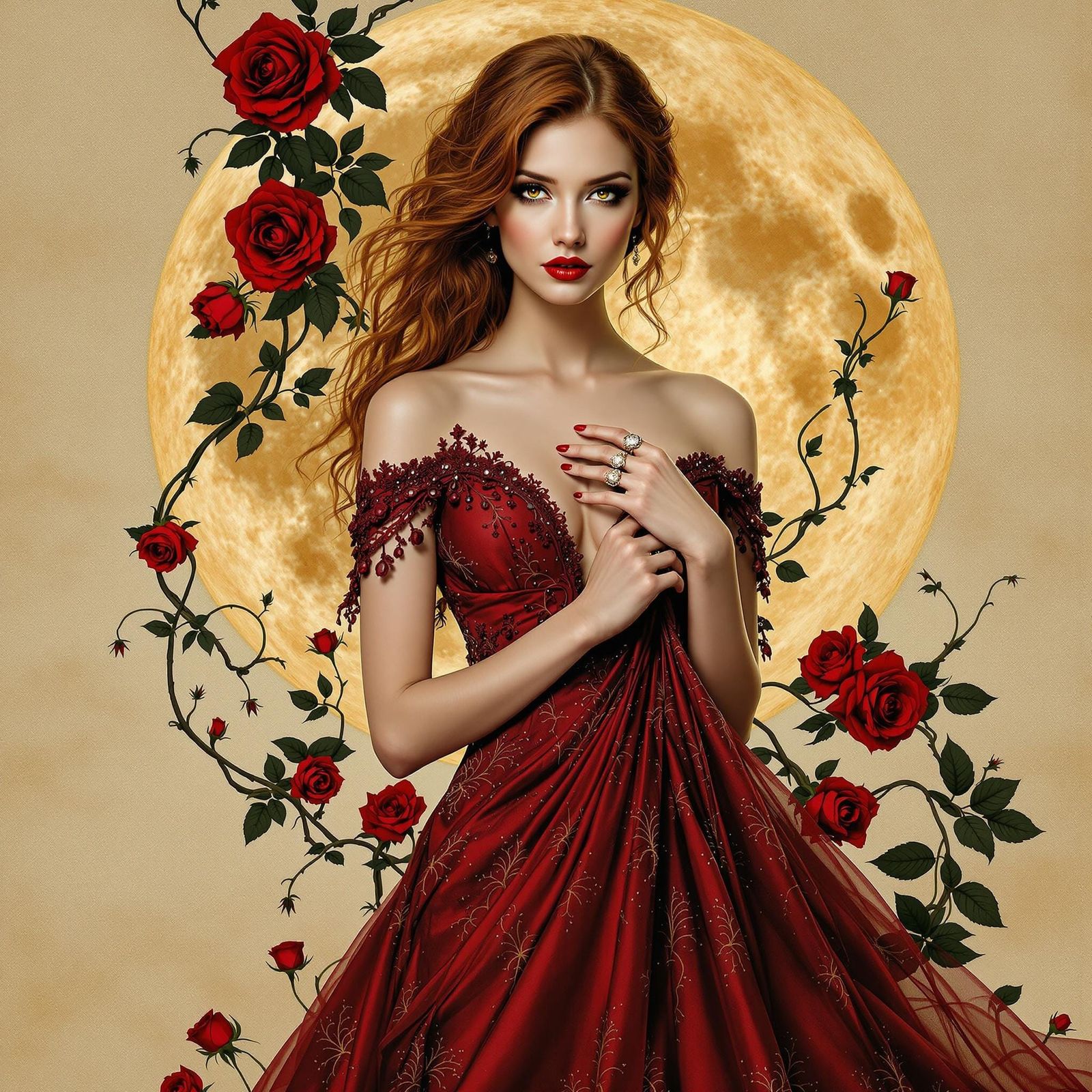 Woman in Dramatic Moonlit Portrait, Wearing Elegant Gown and...