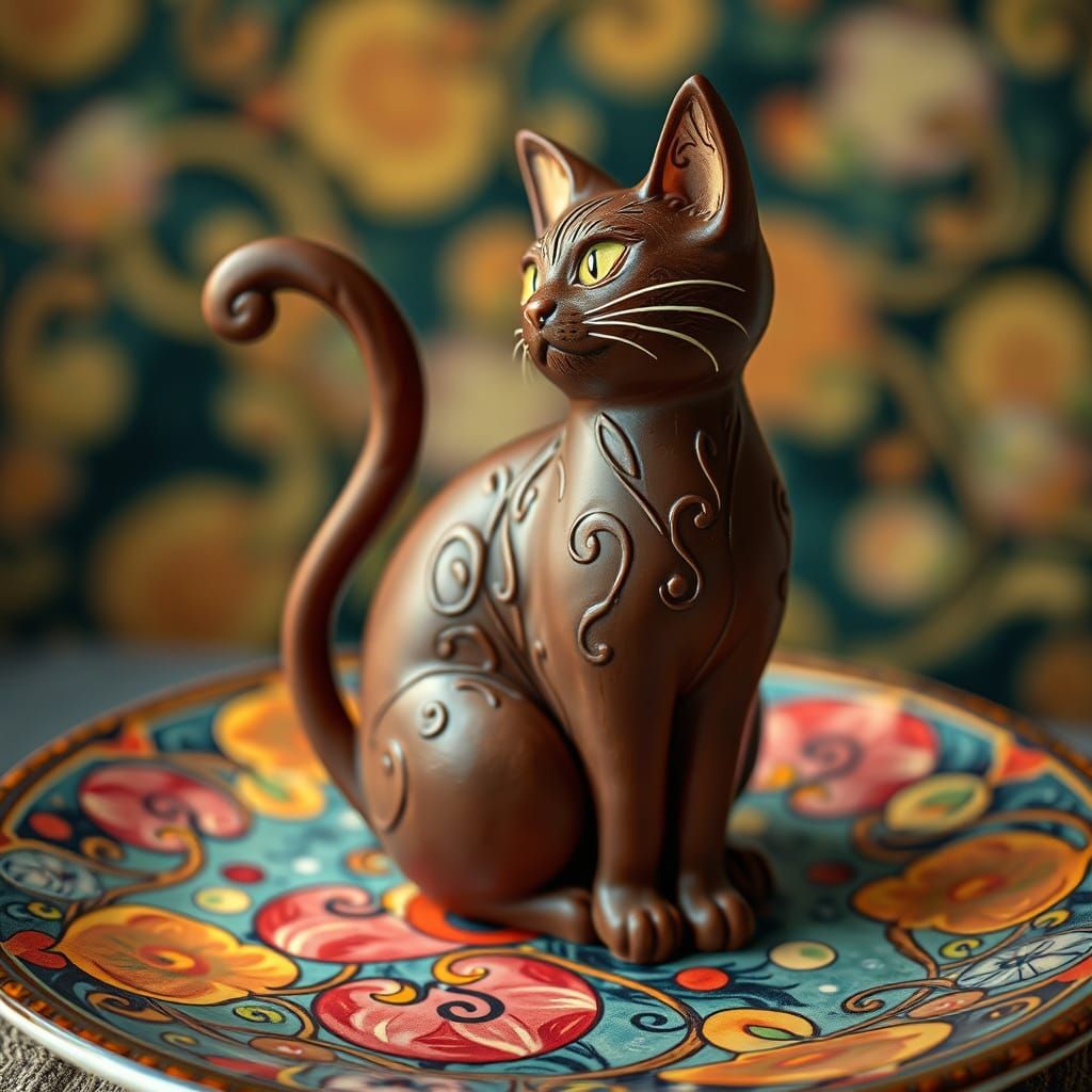 Whimsical Chocolate Cat in Art Nouveau Style