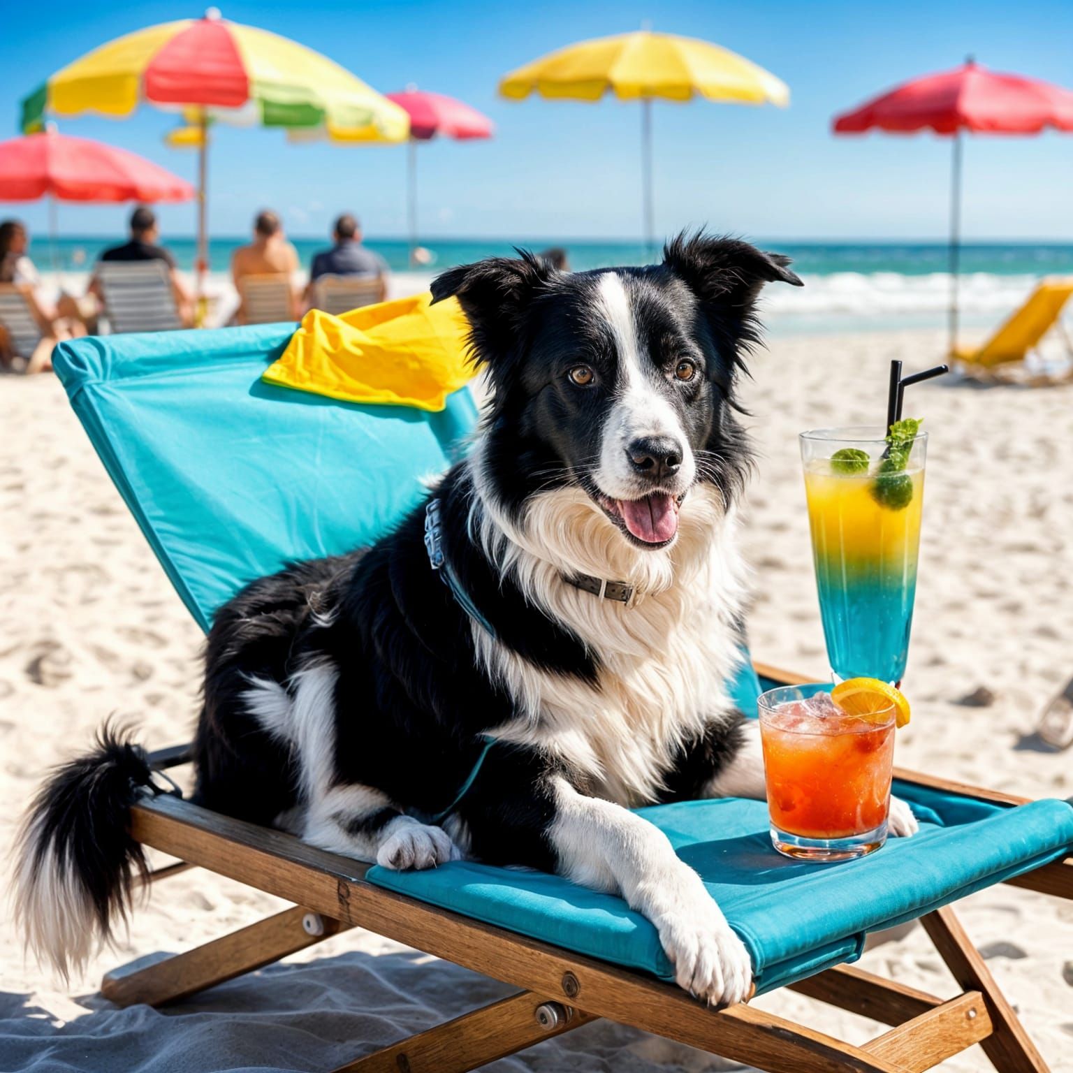 Border Collie Relaxing on the Beach with a Cocktail