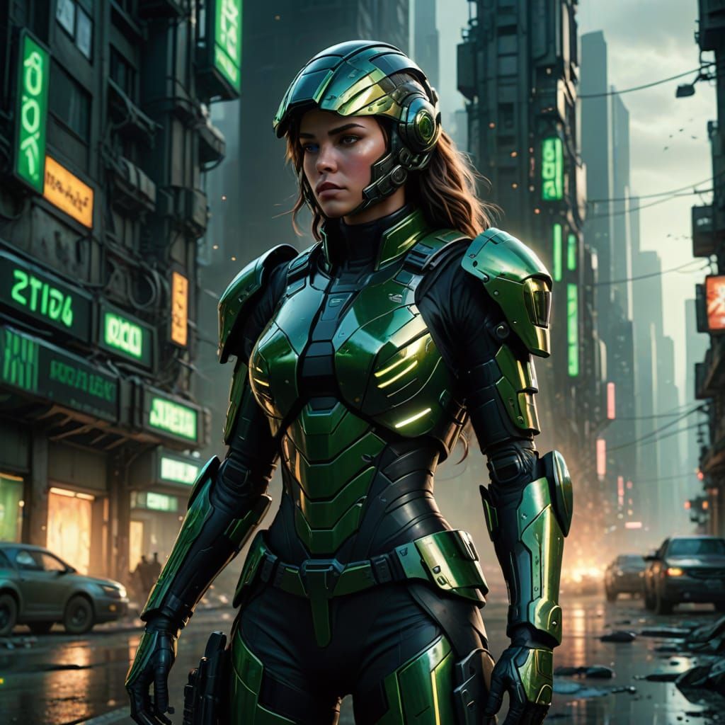 Futuristic Female Soldier in Battle Armor, Cyberpunk Style