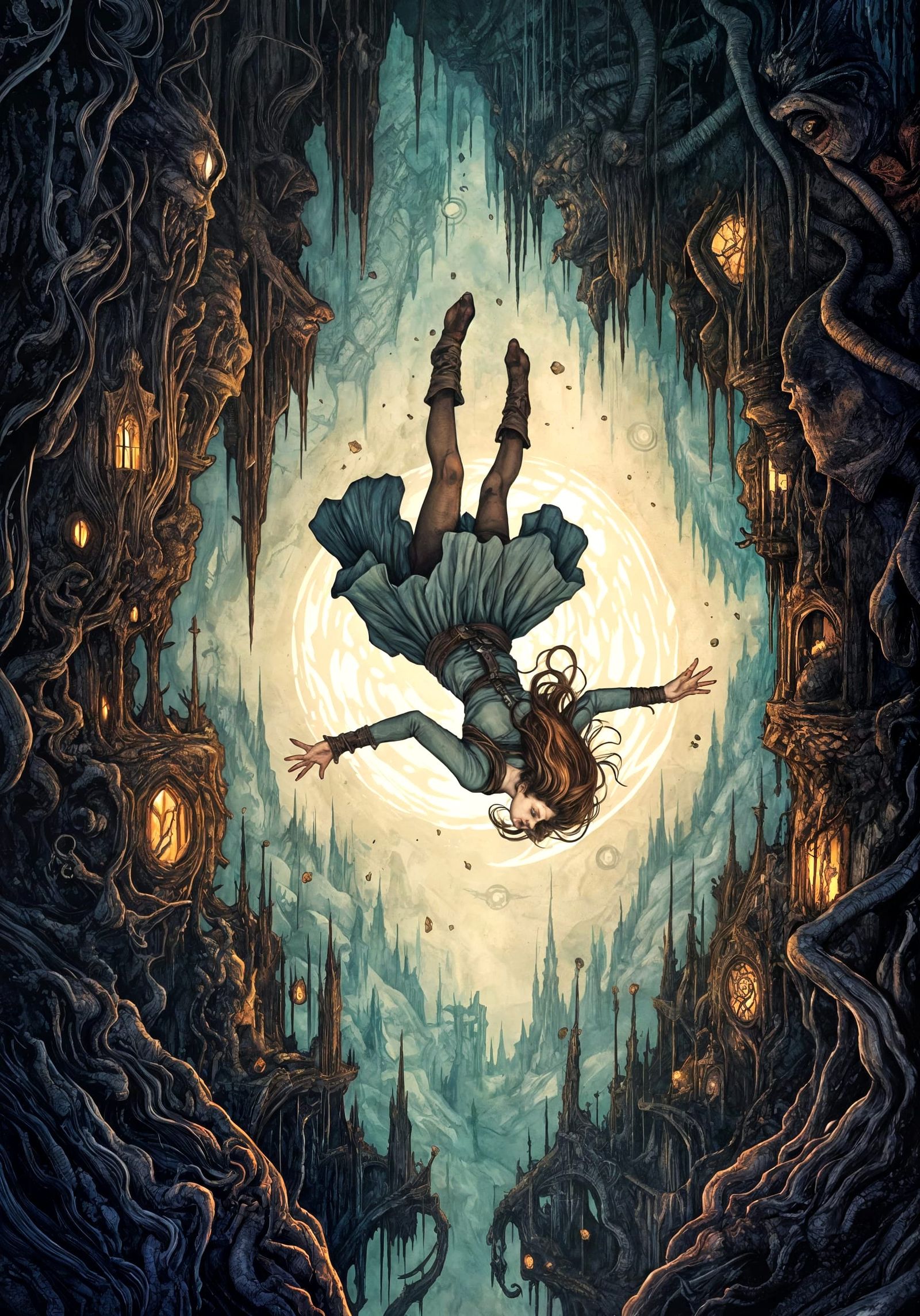 Mystical Vertigo: Woman Falling in Dark Fantasy Ink Art
