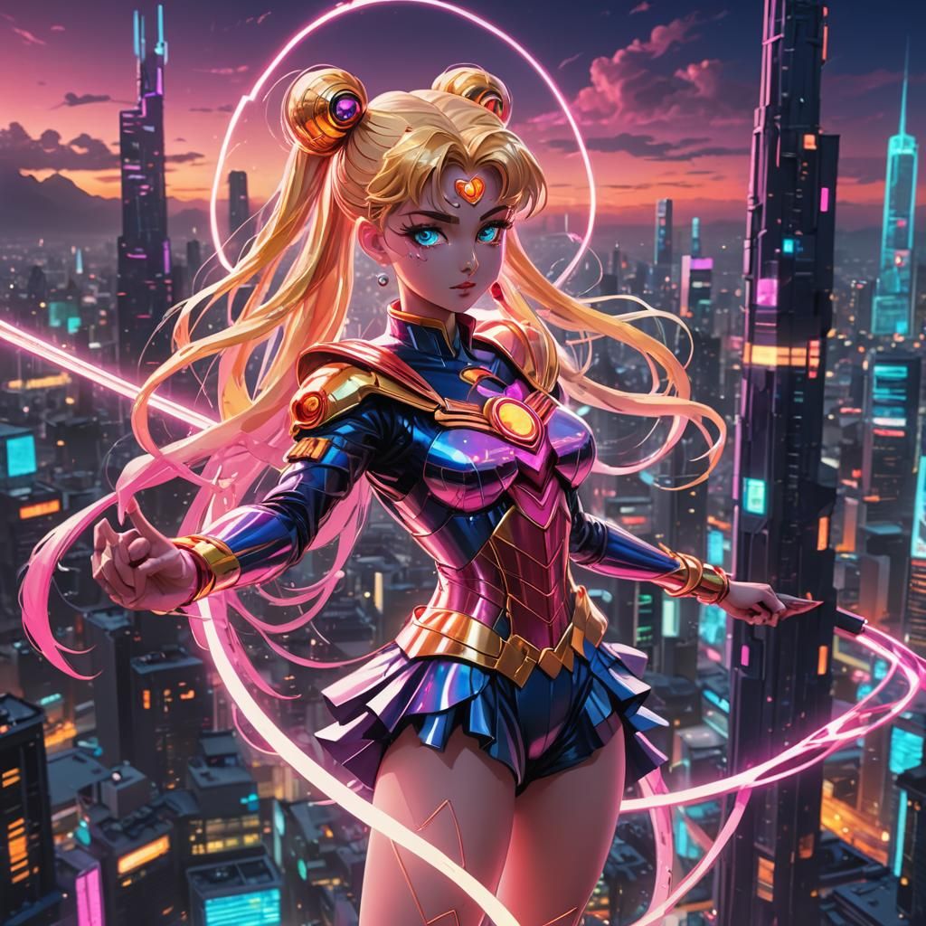Cyberpunk Sailor Moon on Neon Tower