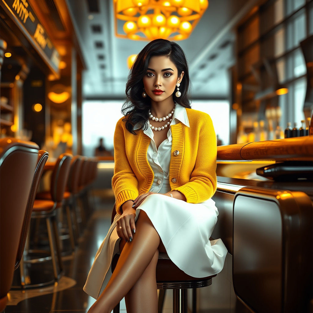 Elegant Woman in Yellow Cardigan at Airport Bar