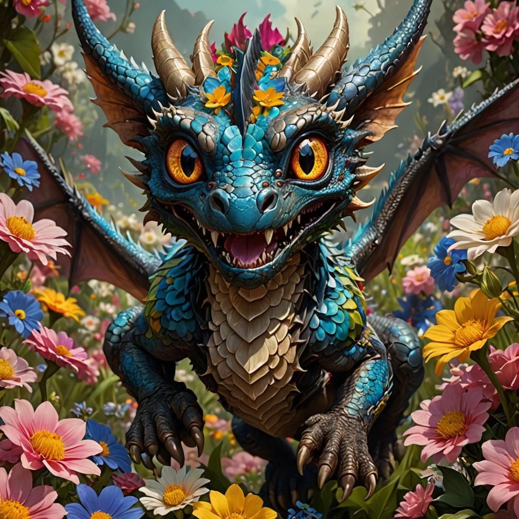 Adorable Multichromatic Dragon Jumping Through Flowers