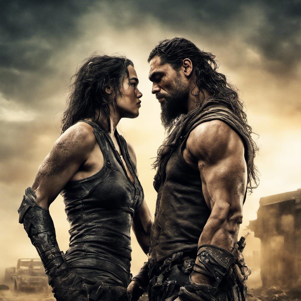 Post-Apocalyptic Heroes Embrace: Muscular Fantasy Scene