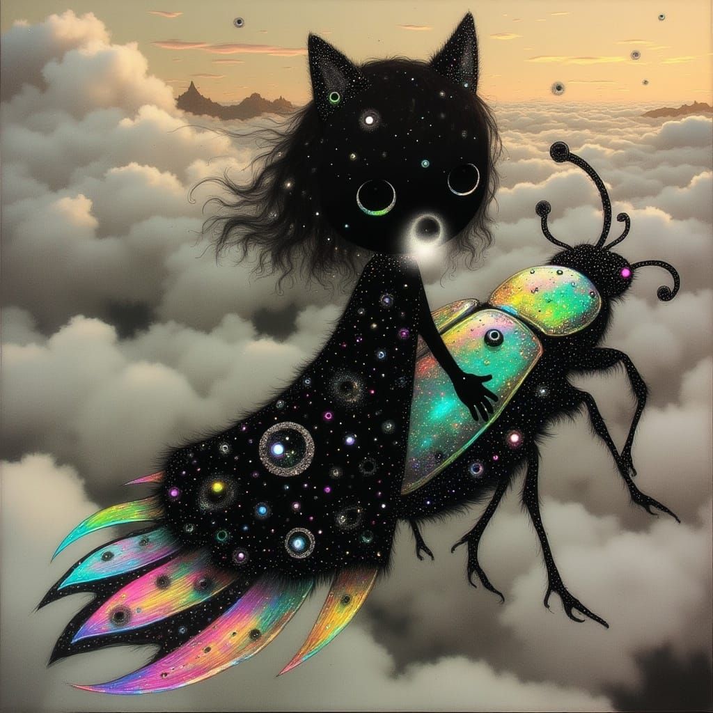 Mystical Feline on Iridescent Christmas-Beetle