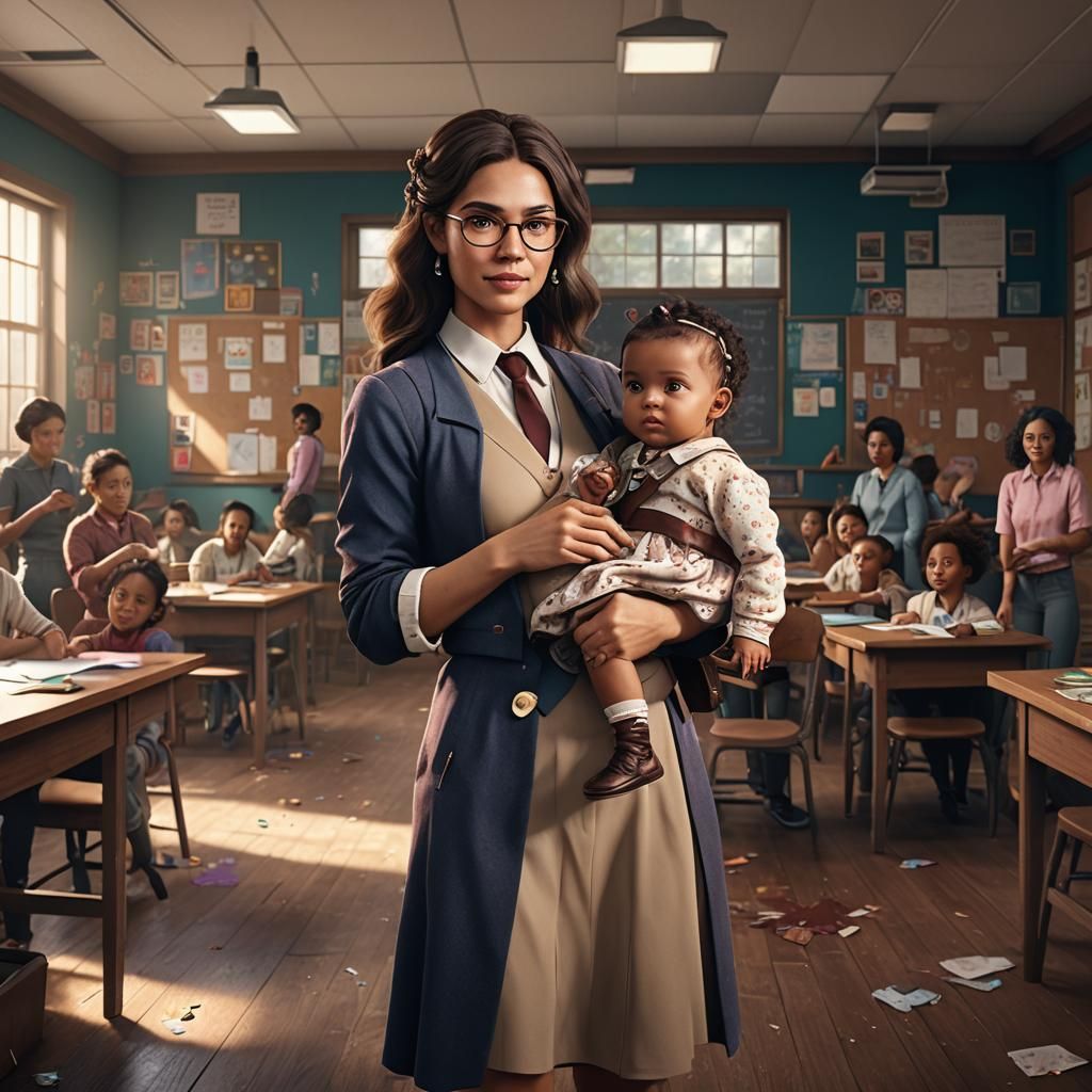 Teacher Holding Baby Girl in Classroom Art