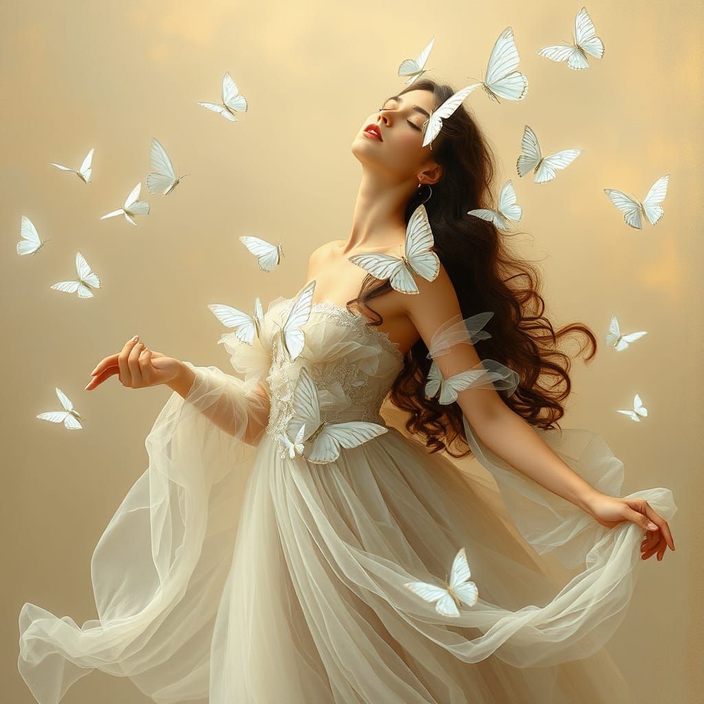 Woman in Dreamy, Ethereal Gown with Butterflies