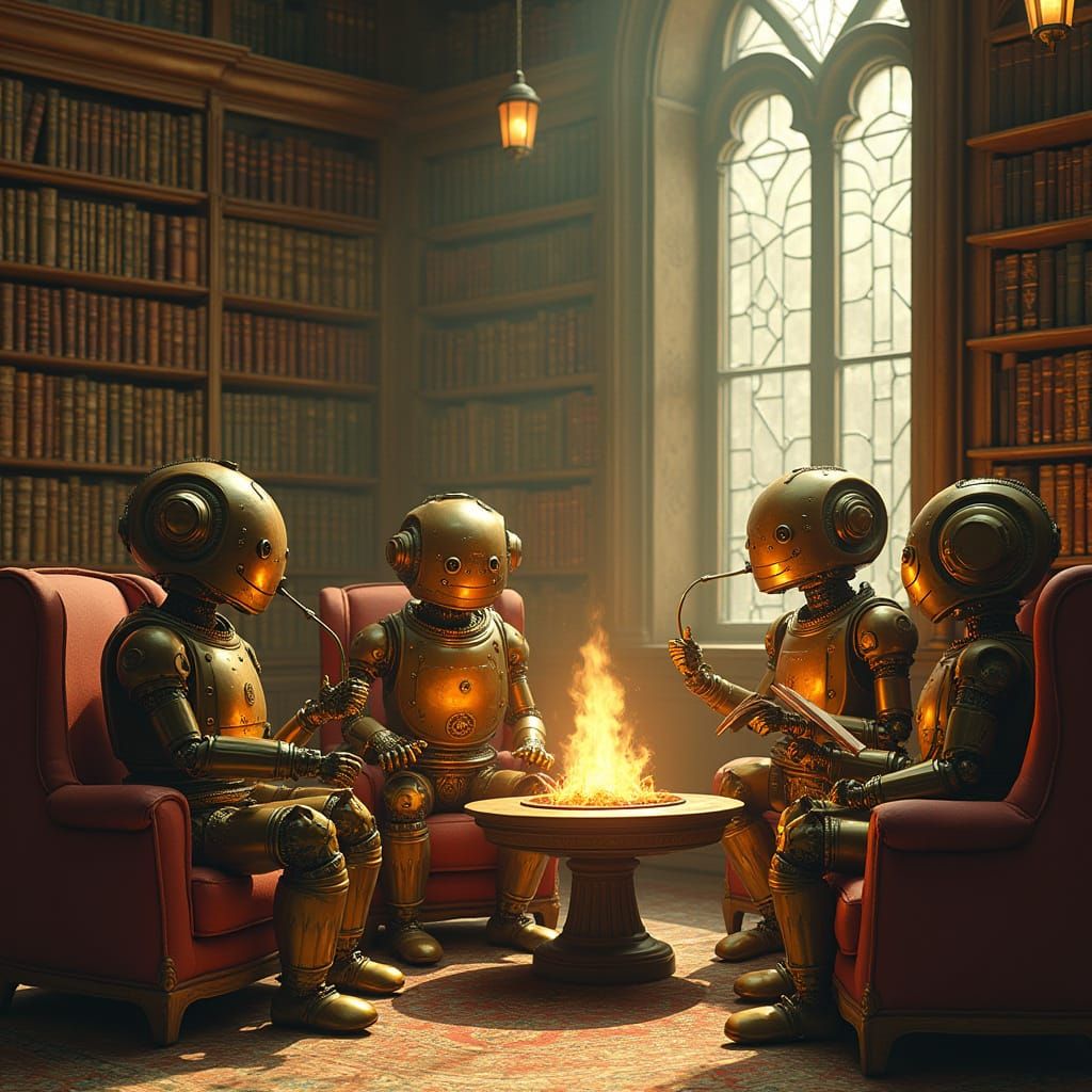 Robots in Steampunk Library with Art Deco Elegance