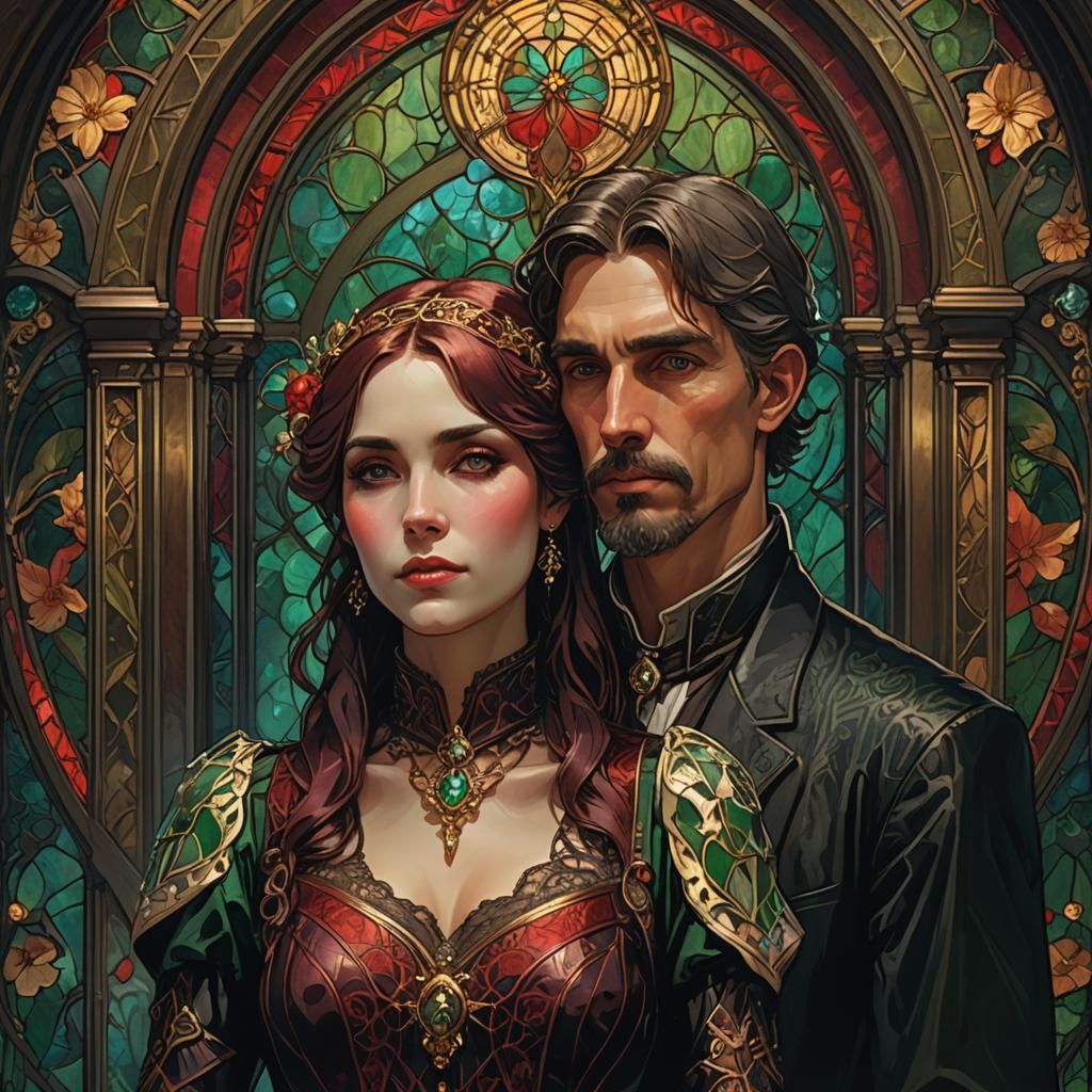 Gothic Farmer and Wife Portrait in Art Nouveau Style