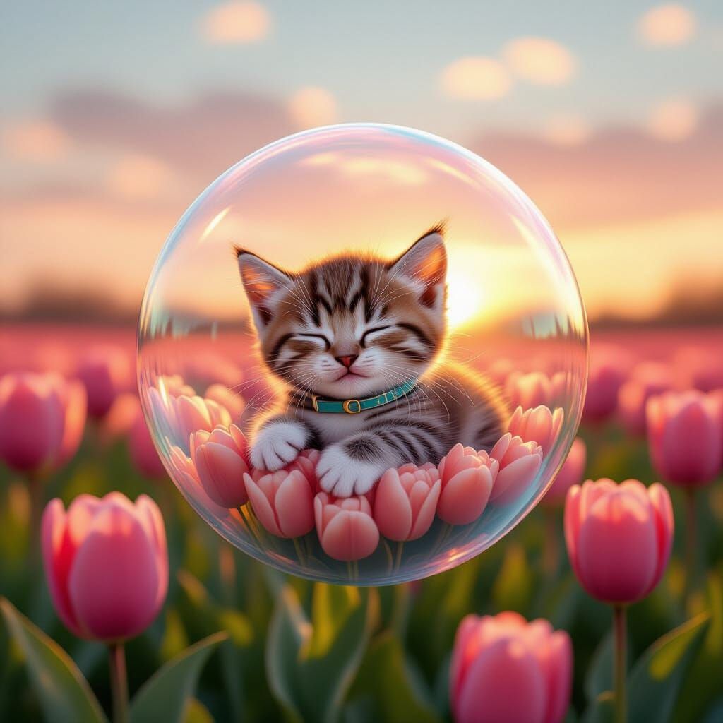 Kitten's Dream: Bubble Ride Over Luminous Tulips