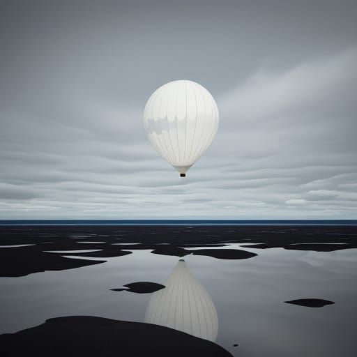 Surreal Landscape of Mirrored Spoons and Drifting Balloon in...